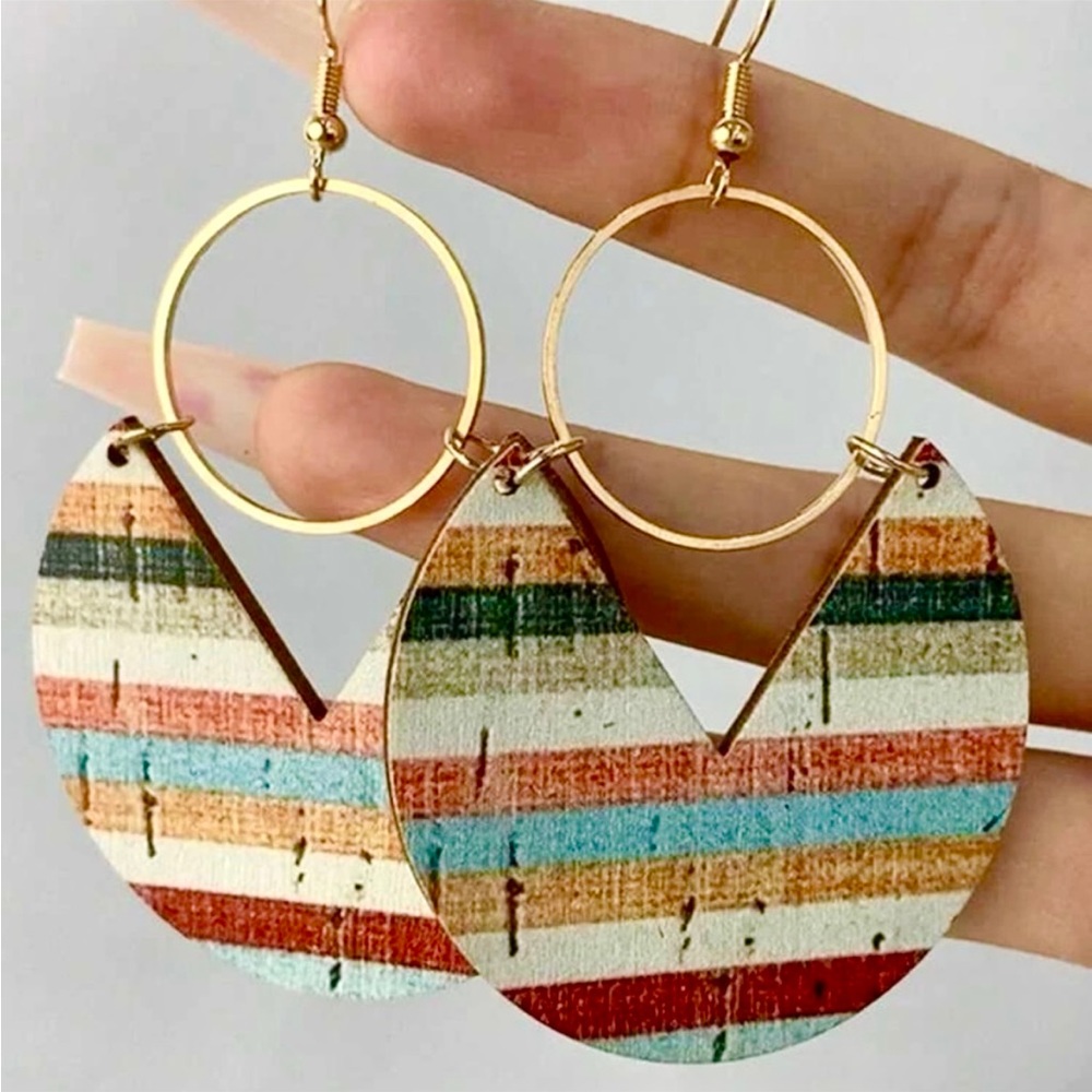 NEW Gorgeous Colorful Striped Wood Fashion Earrings with Gold Hoops, Lightweight - Picture 3 of 7